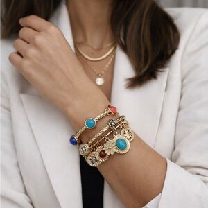 Gold Tone Bangle Charm Bracelet Set